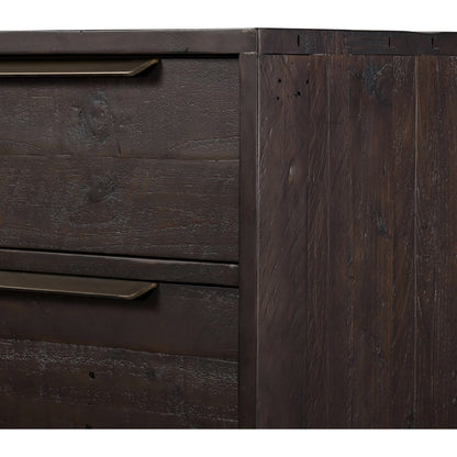 Wyeth 5 Drawer Dresser by Four Hands in dark carbon, antique brass and dark carbon. Made from solid reclaimed pine, iron in a rustic style.