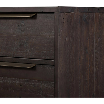 Wyeth 5 Drawer Dresser by Four Hands in dark carbon, antique brass and dark carbon. Made from solid reclaimed pine, iron in a rustic style.