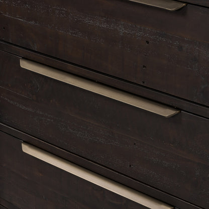 Wyeth 5 Drawer Dresser by Four Hands in dark carbon, antique brass and dark carbon. Made from solid reclaimed pine, iron in a rustic style.