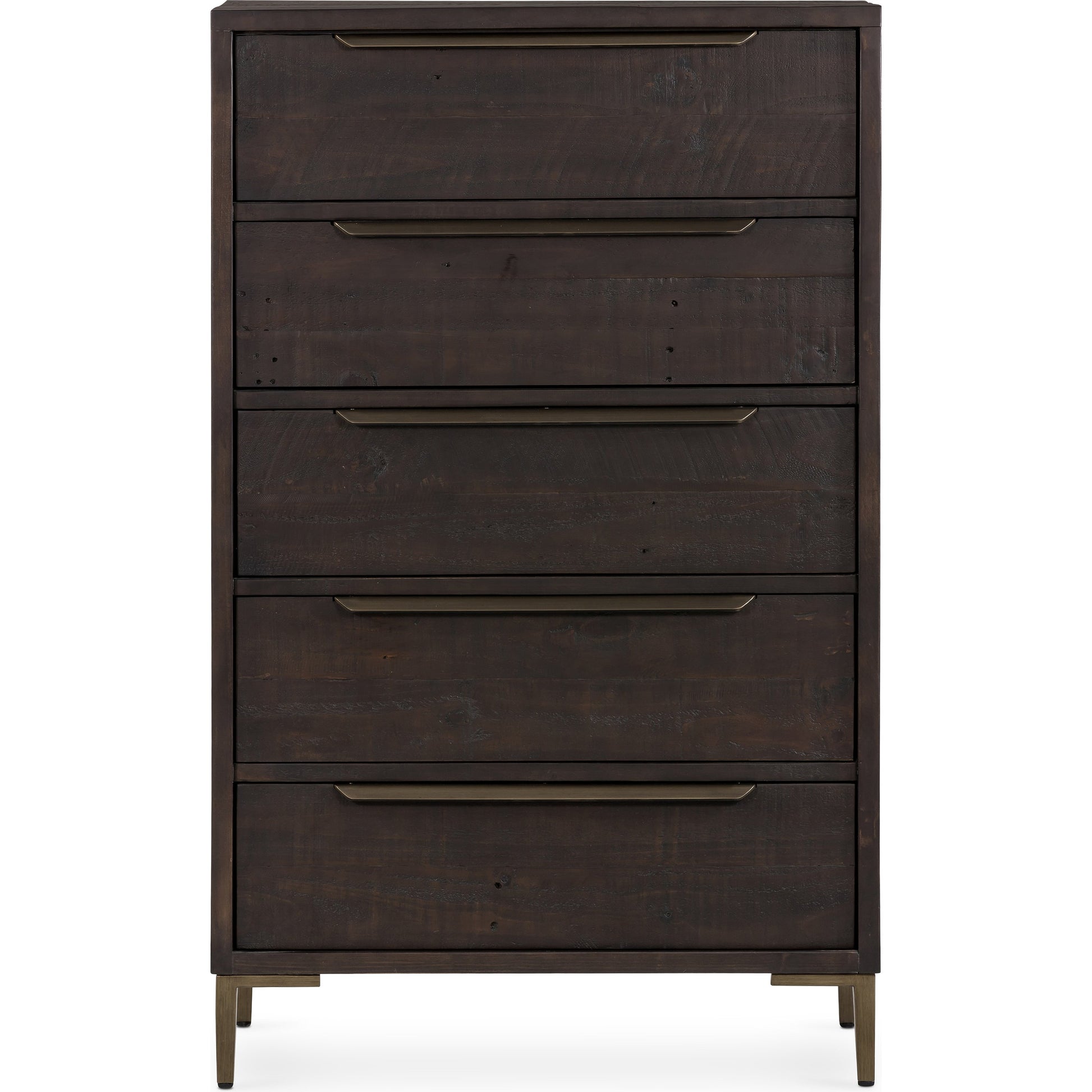 Wyeth 5 Drawer Dresser by Four Hands in dark carbon, antique brass and dark carbon. Made from solid reclaimed pine, iron in a rustic style.