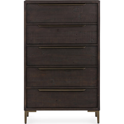 Wyeth 5 Drawer Dresser by Four Hands in dark carbon, antique brass and dark carbon. Made from solid reclaimed pine, iron in a rustic style.