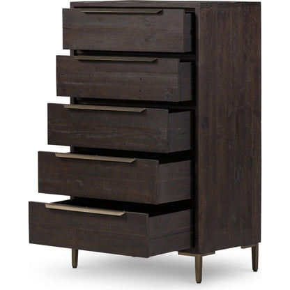 Wyeth 5 Drawer Dresser by Four Hands in dark carbon, antique brass and dark carbon. Made from solid reclaimed pine, iron in a rustic style.