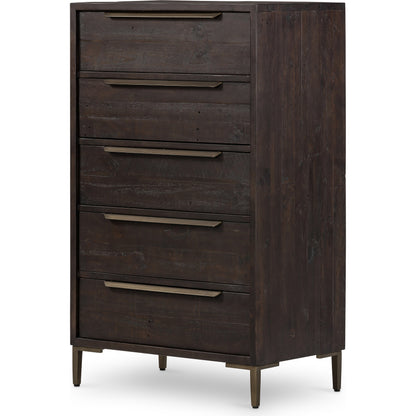 Wyeth 5 Drawer Dresser by Four Hands in dark carbon, antique brass and dark carbon. Made from solid reclaimed pine, iron in a rustic style.