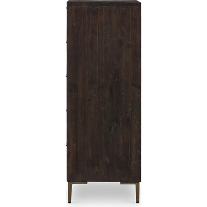 Wyeth 5 Drawer Dresser by Four Hands in dark carbon, antique brass and dark carbon. Made from solid reclaimed pine, iron in a rustic style.