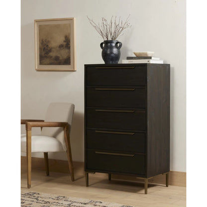 Wyeth 5 Drawer Dresser by Four Hands in dark carbon, antique brass and dark carbon. Made from solid reclaimed pine, iron in a rustic style.