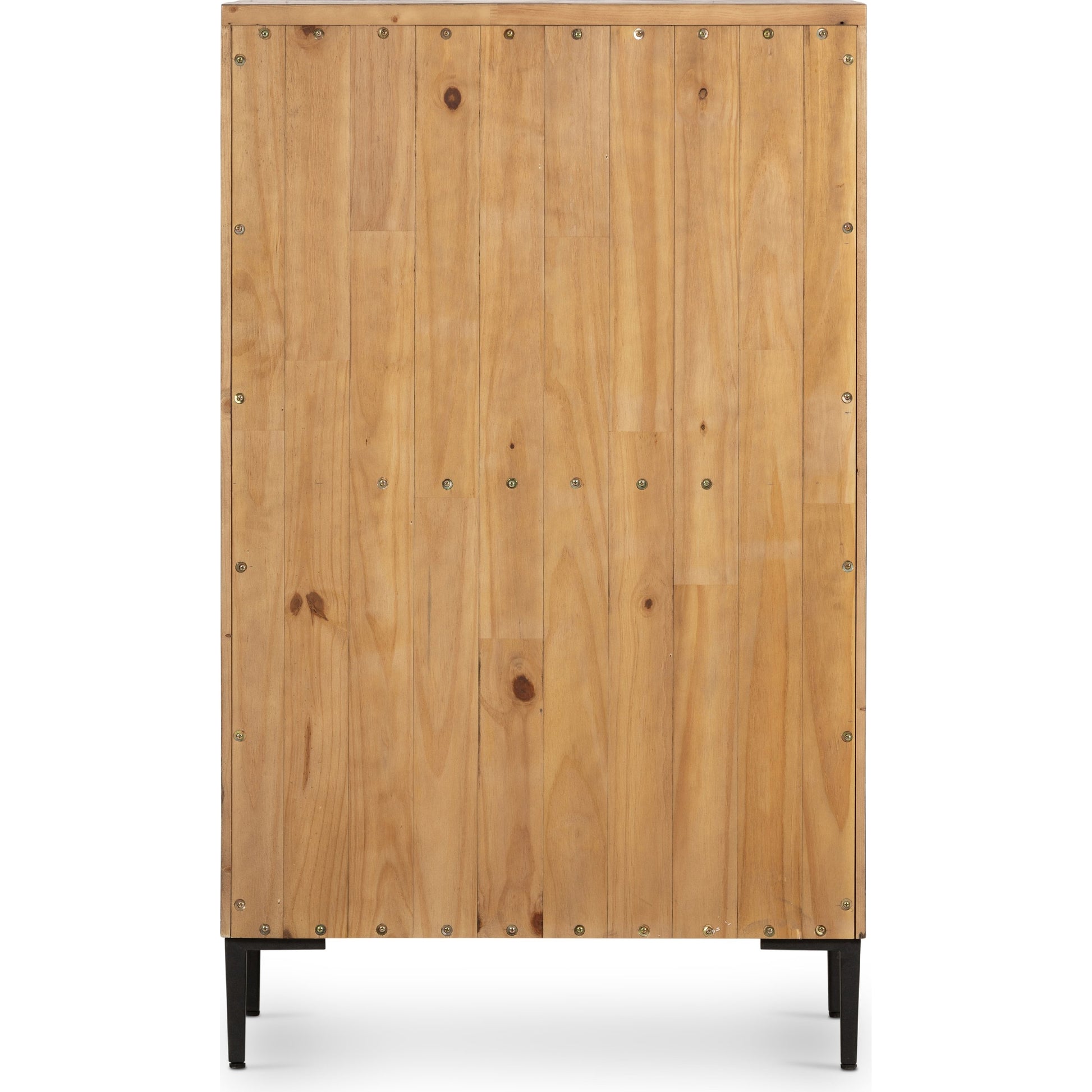 Wyeth 5 Drawer Dresser by Four Hands in dark carbon, antique brass and dark carbon. Made from solid reclaimed pine, iron in a rustic style.