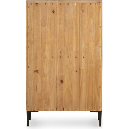 Wyeth 5 Drawer Dresser by Four Hands in dark carbon, antique brass and dark carbon. Made from solid reclaimed pine, iron in a rustic style.