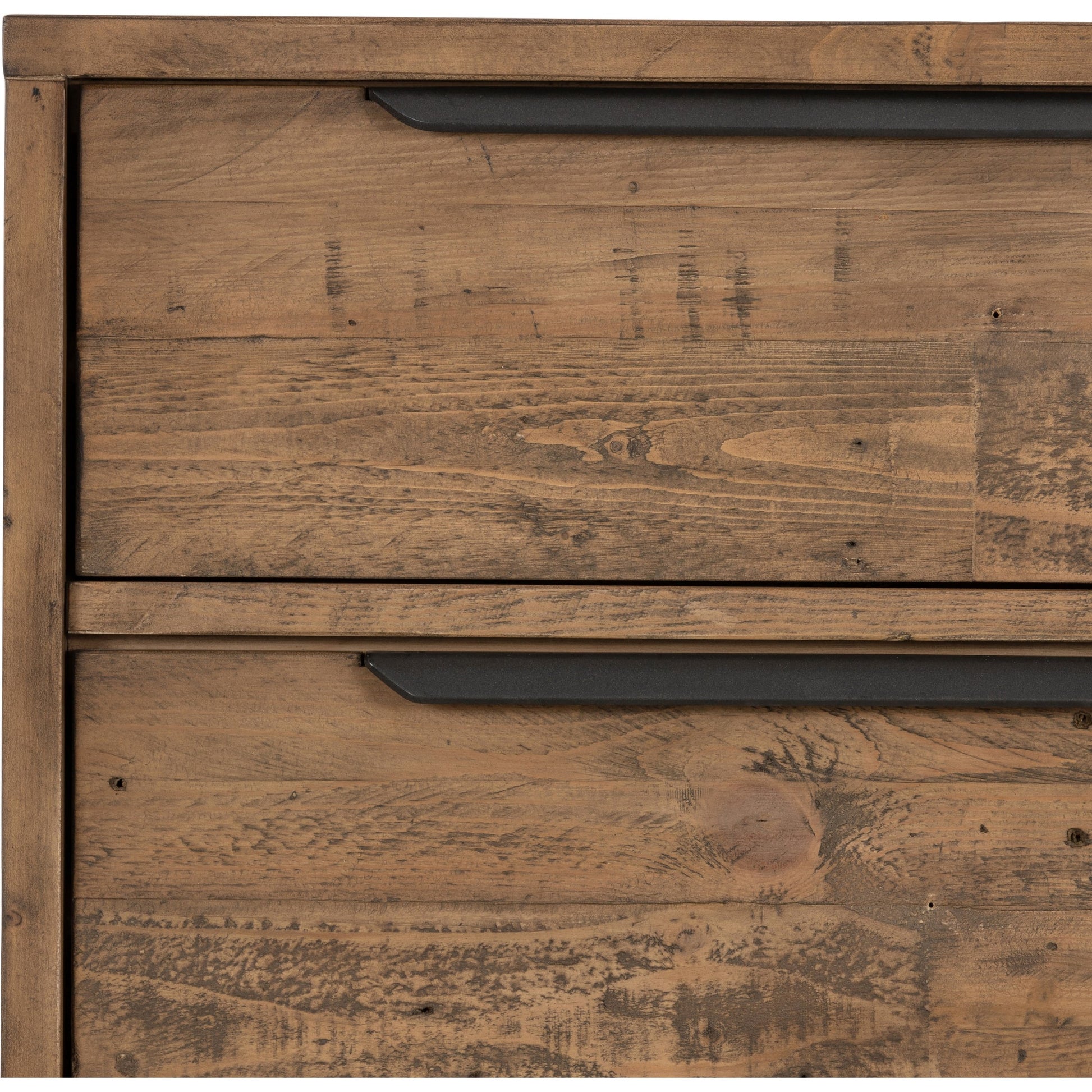 Wyeth 5 Drawer Dresser by Four Hands in dark carbon, antique brass and dark carbon. Made from solid reclaimed pine, iron in a rustic style.