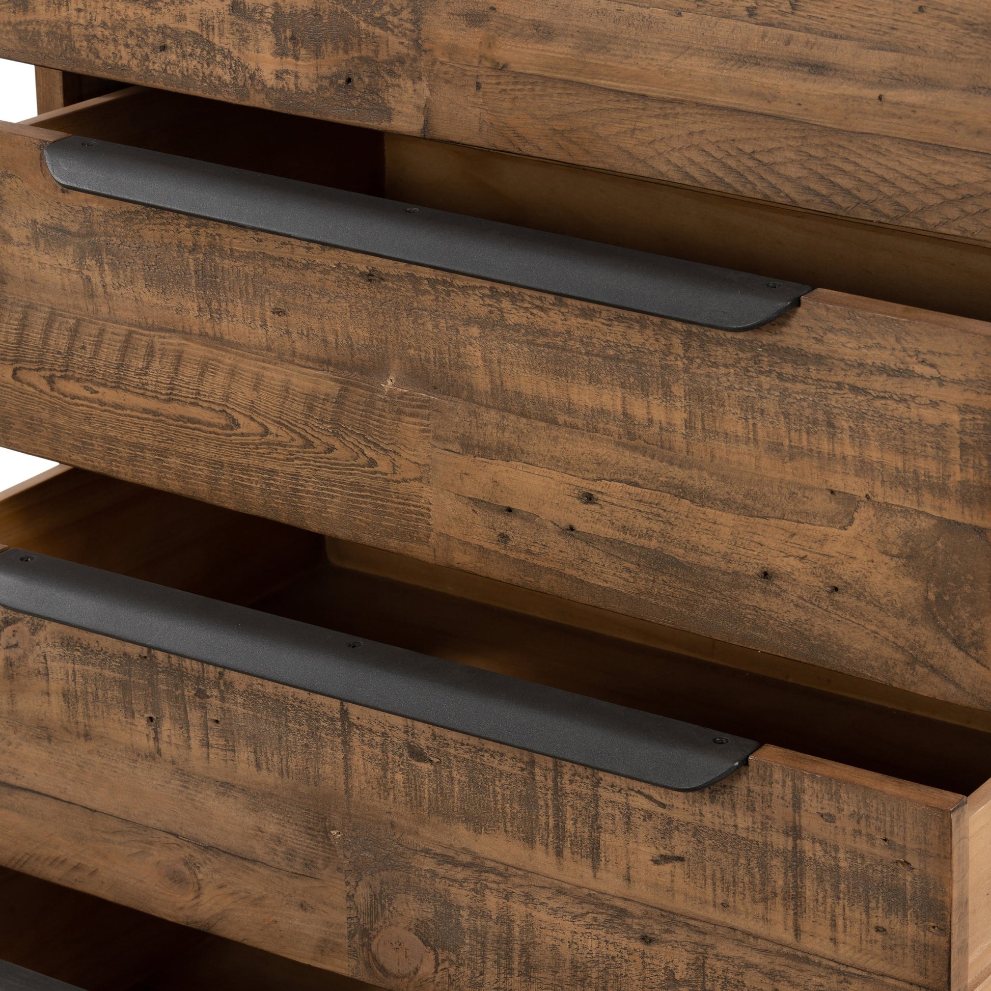 Wyeth 5 Drawer Dresser by Four Hands in dark carbon, antique brass and dark carbon. Made from solid reclaimed pine, iron in a rustic style.