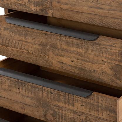 Wyeth 5 Drawer Dresser by Four Hands in dark carbon, antique brass and dark carbon. Made from solid reclaimed pine, iron in a rustic style.