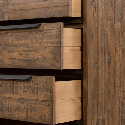 Wyeth 5 Drawer Dresser by Four Hands in dark carbon, antique brass and dark carbon. Made from solid reclaimed pine, iron in a rustic style.