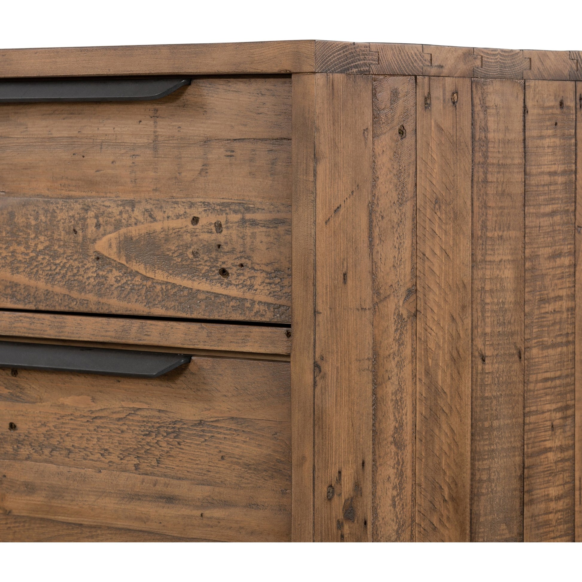 Wyeth 5 Drawer Dresser by Four Hands in dark carbon, antique brass and dark carbon. Made from solid reclaimed pine, iron in a rustic style.