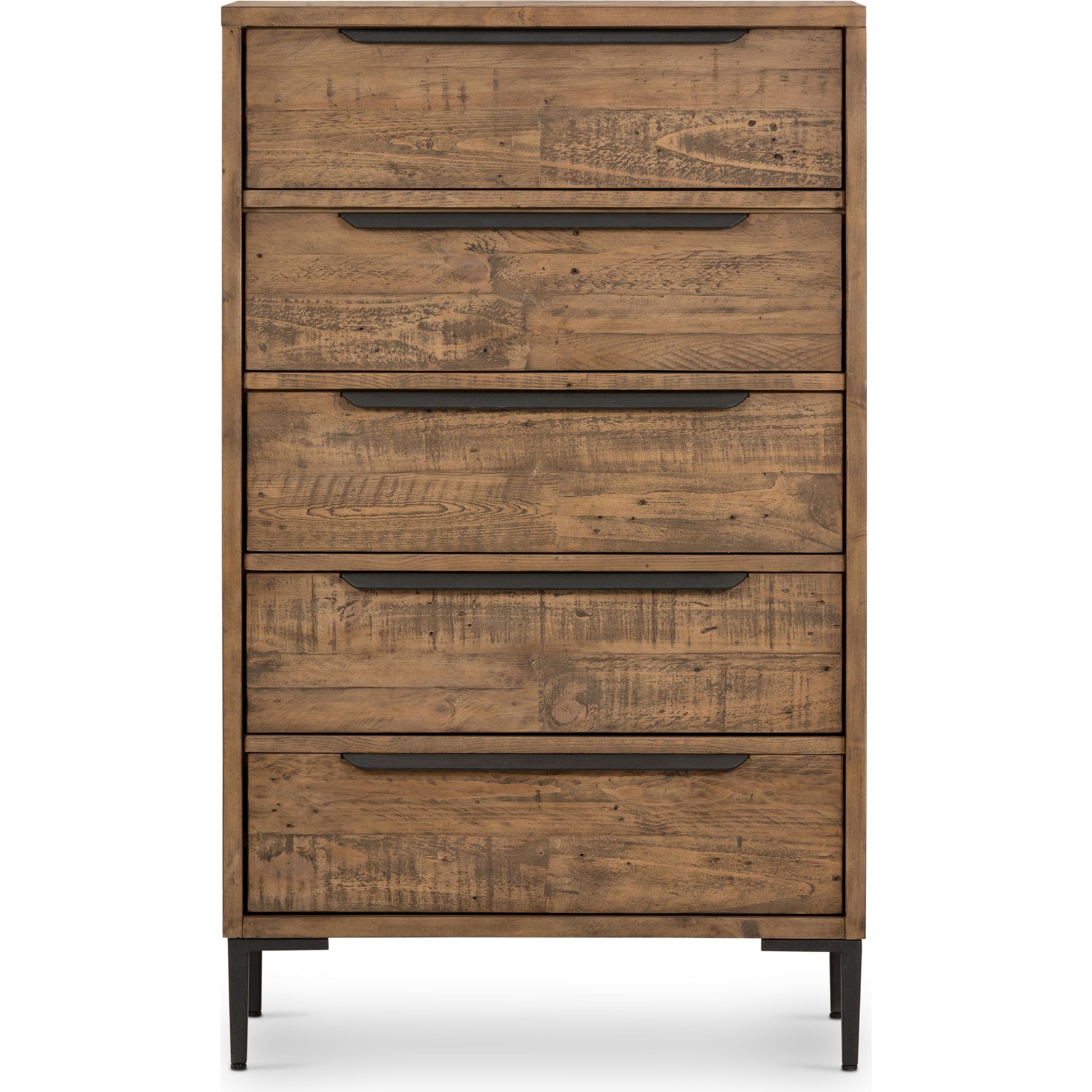 Wyeth 5 Drawer Dresser by Four Hands in dark carbon, antique brass and dark carbon. Made from solid reclaimed pine, iron in a rustic style.