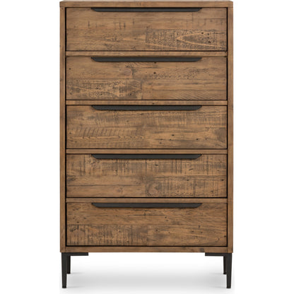 Wyeth 5 Drawer Dresser by Four Hands in dark carbon, antique brass and dark carbon. Made from solid reclaimed pine, iron in a rustic style.