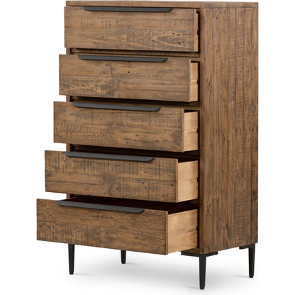 Wyeth 5 Drawer Dresser by Four Hands in dark carbon, antique brass and dark carbon. Made from solid reclaimed pine, iron in a rustic style.