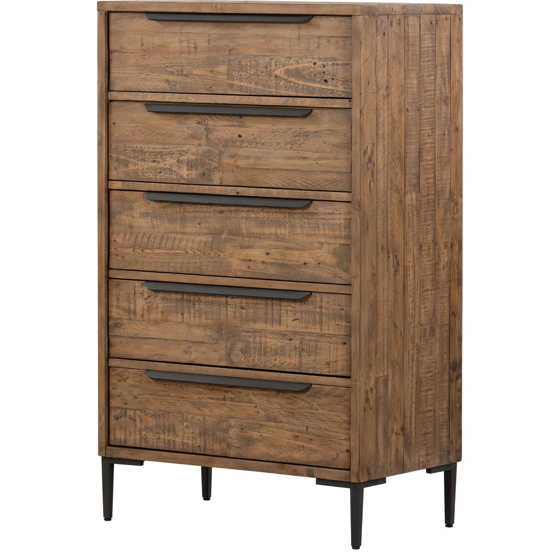Wyeth 5 Drawer Dresser by Four Hands in dark carbon, antique brass and dark carbon. Made from solid reclaimed pine, iron in a rustic style.