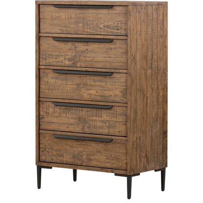 Wyeth 5 Drawer Dresser by Four Hands in dark carbon, antique brass and dark carbon. Made from solid reclaimed pine, iron in a rustic style.