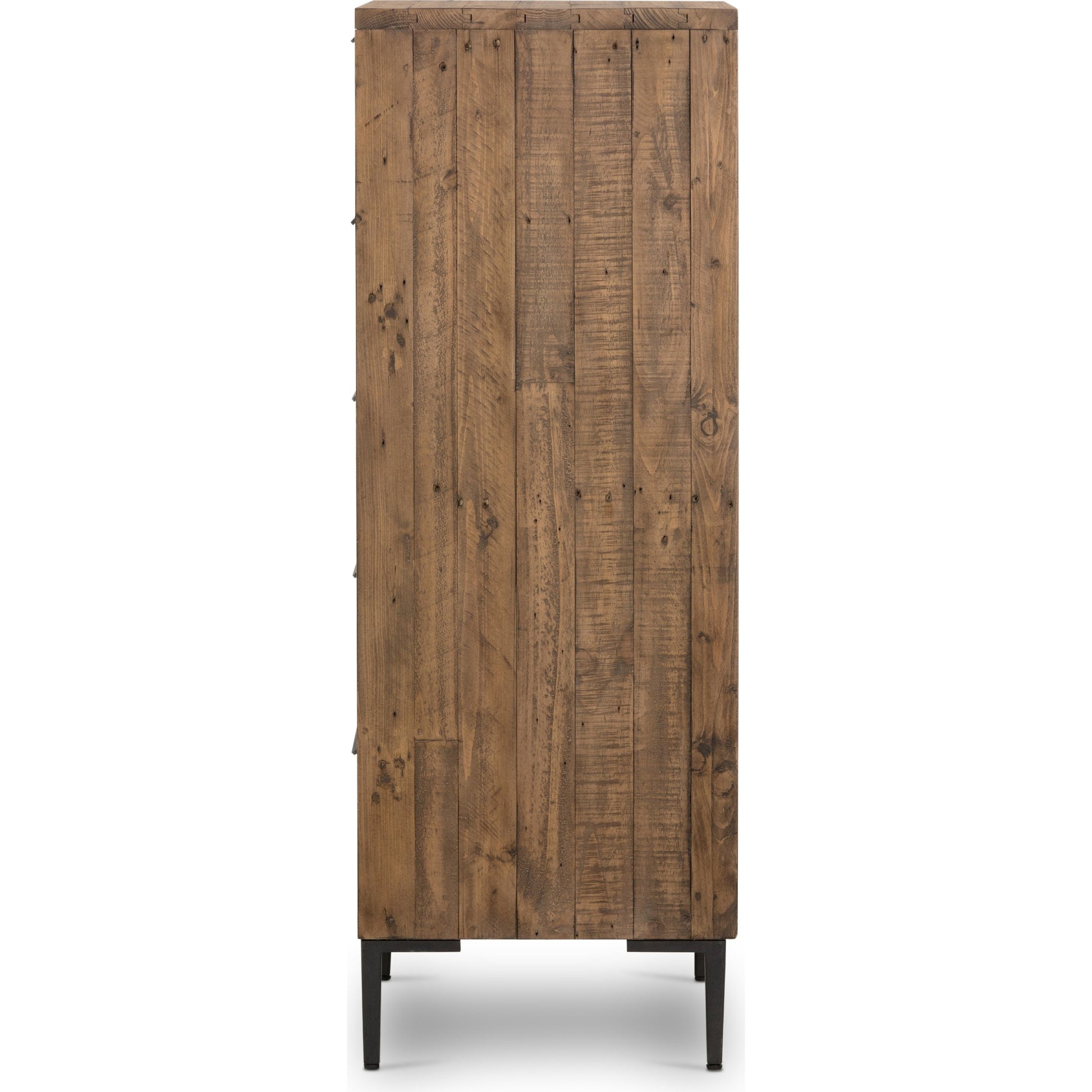 Wyeth 5 Drawer Dresser by Four Hands in dark carbon, antique brass and dark carbon. Made from solid reclaimed pine, iron in a rustic style.