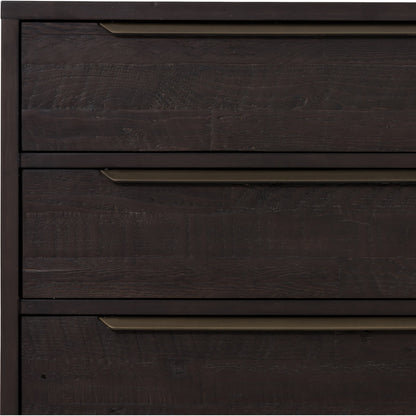 Wyeth 6 Drawer Dresser by Four Hands in dark carbon, antique brass and dark carbon. Made from solid reclaimed pine, iron in a rustic style.