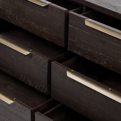 Wyeth 6 Drawer Dresser by Four Hands in dark carbon, antique brass and dark carbon. Made from solid reclaimed pine, iron in a rustic style.
