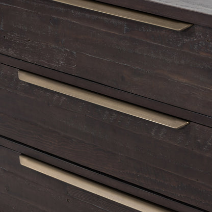 Wyeth 6 Drawer Dresser by Four Hands in dark carbon, antique brass and dark carbon. Made from solid reclaimed pine, iron in a rustic style.