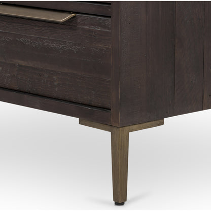 Wyeth 6 Drawer Dresser by Four Hands in dark carbon, antique brass and dark carbon. Made from solid reclaimed pine, iron in a rustic style.