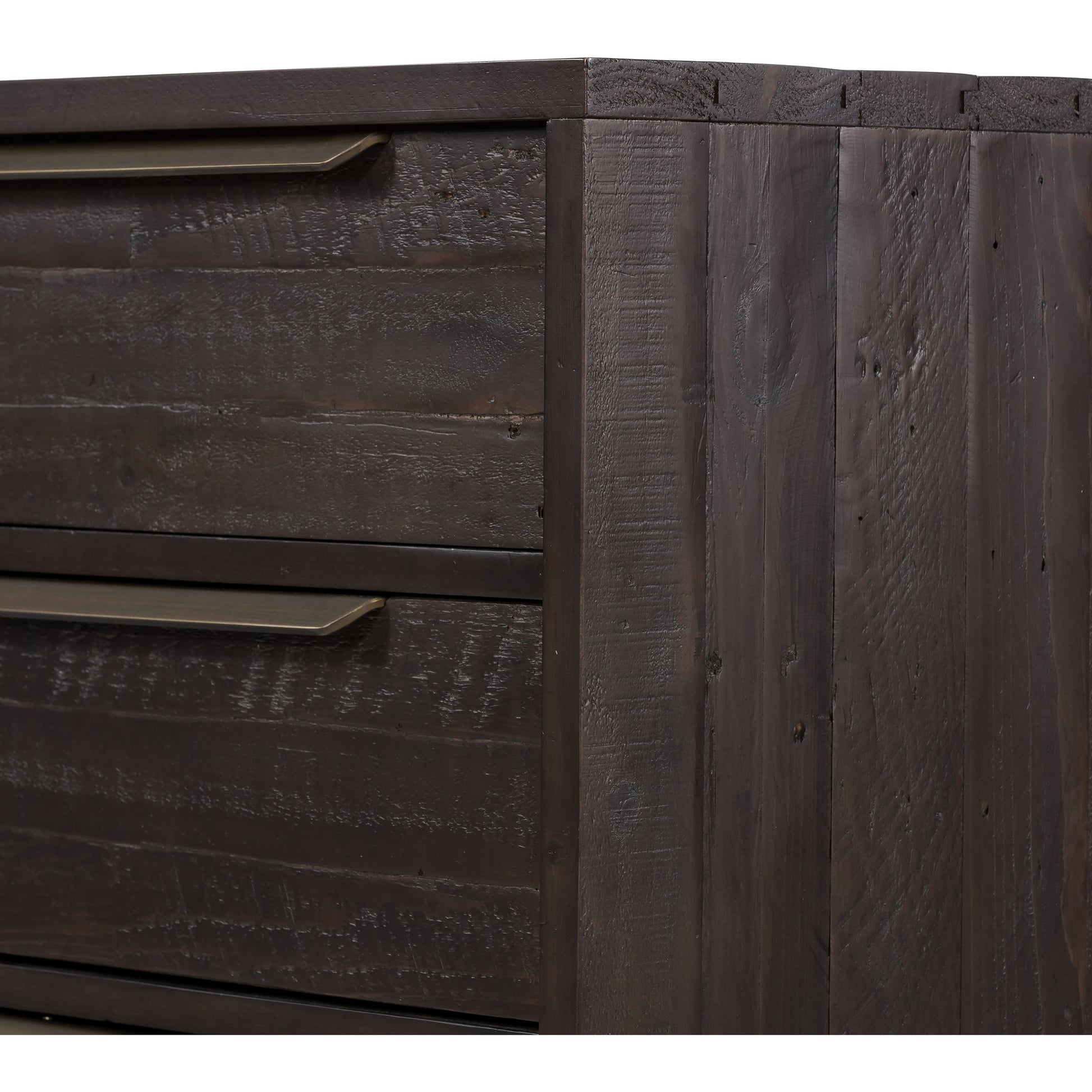 Wyeth 6 Drawer Dresser by Four Hands in dark carbon, antique brass and dark carbon. Made from solid reclaimed pine, iron in a rustic style.