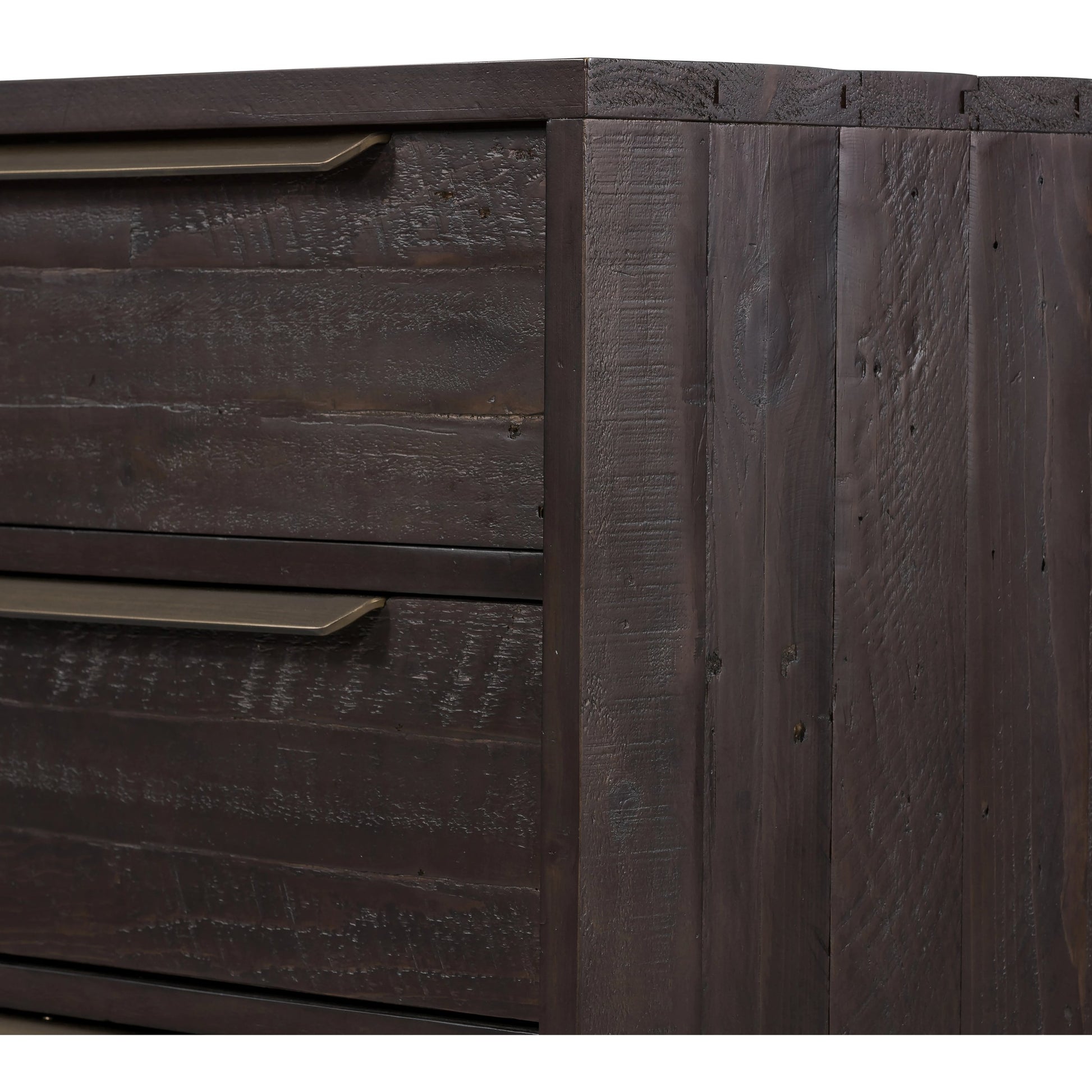 Wyeth 6 Drawer Dresser by Four Hands in dark carbon, antique brass and dark carbon. Made from solid reclaimed pine, iron in a rustic style.