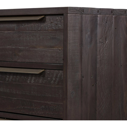 Wyeth 6 Drawer Dresser by Four Hands in dark carbon, antique brass and dark carbon. Made from solid reclaimed pine, iron in a rustic style.
