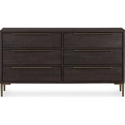 Wyeth 6 Drawer Dresser by Four Hands in dark carbon, antique brass and dark carbon. Made from solid reclaimed pine, iron in a rustic style.