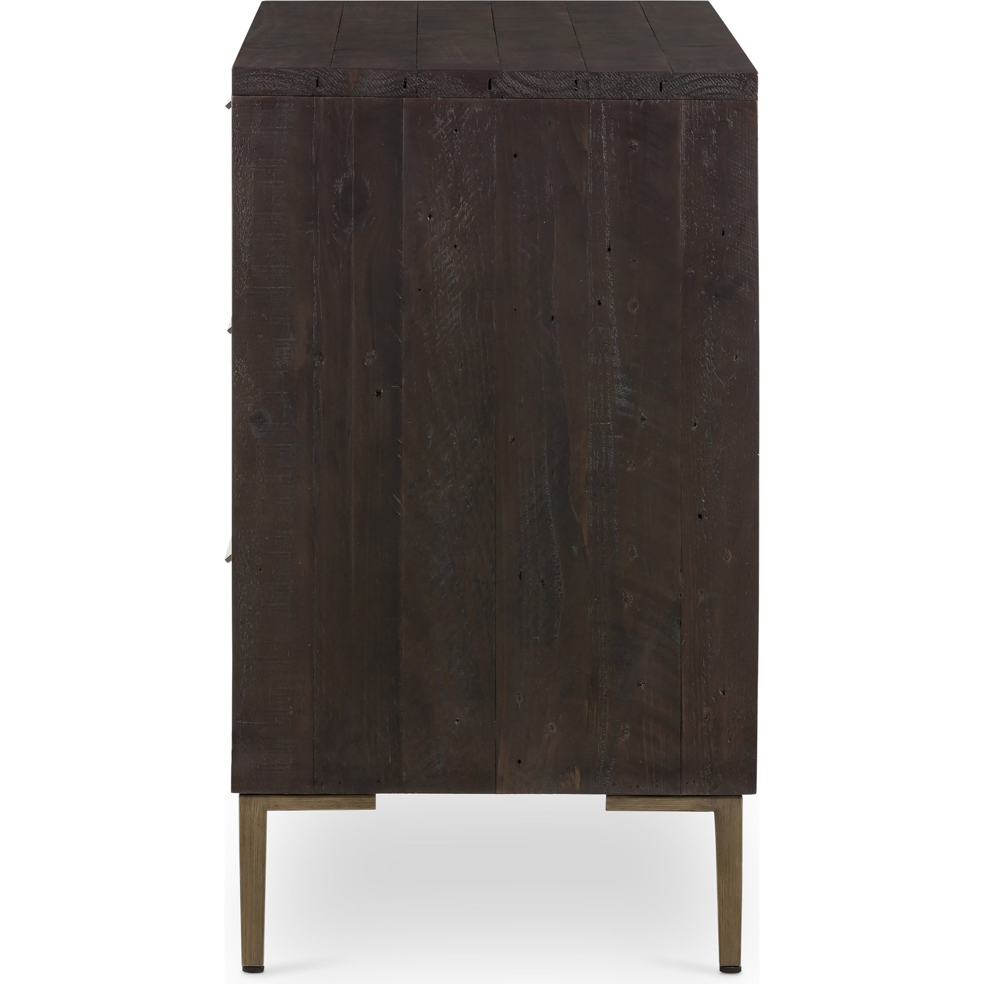 Wyeth 6 Drawer Dresser by Four Hands in dark carbon, antique brass and dark carbon. Made from solid reclaimed pine, iron in a rustic style.
