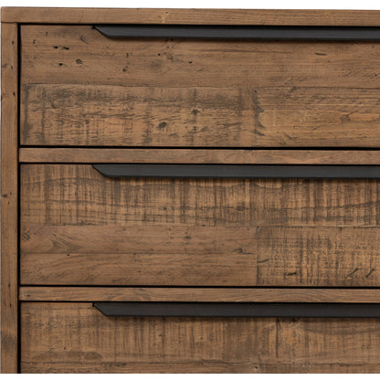 Wyeth 6 Drawer Dresser by Four Hands in dark carbon, antique brass and dark carbon. Made from solid reclaimed pine, iron in a rustic style.