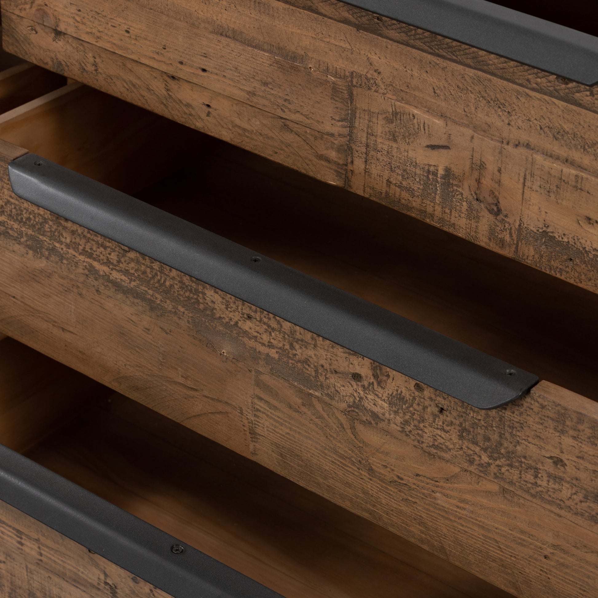Wyeth 6 Drawer Dresser by Four Hands in dark carbon, antique brass and dark carbon. Made from solid reclaimed pine, iron in a rustic style.