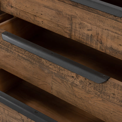 Wyeth 6 Drawer Dresser by Four Hands in dark carbon, antique brass and dark carbon. Made from solid reclaimed pine, iron in a rustic style.