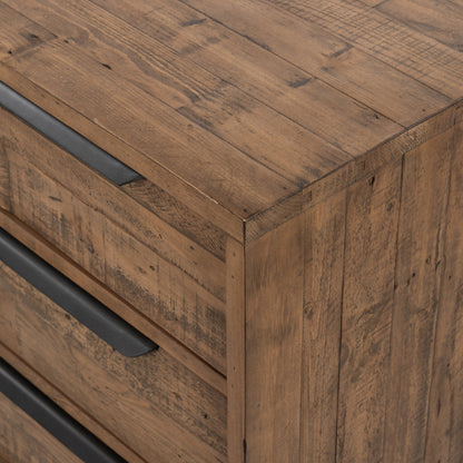 Wyeth 6 Drawer Dresser by Four Hands in dark carbon, antique brass and dark carbon. Made from solid reclaimed pine, iron in a rustic style.