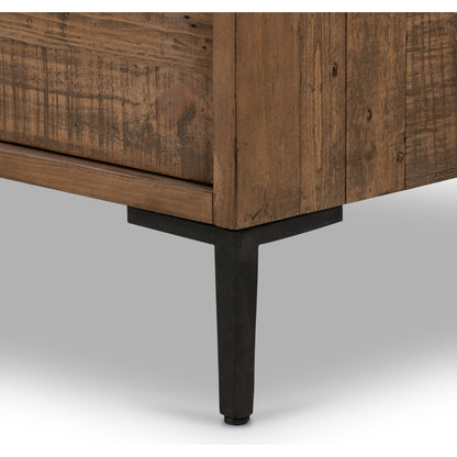 Wyeth 6 Drawer Dresser by Four Hands in dark carbon, antique brass and dark carbon. Made from solid reclaimed pine, iron in a rustic style.