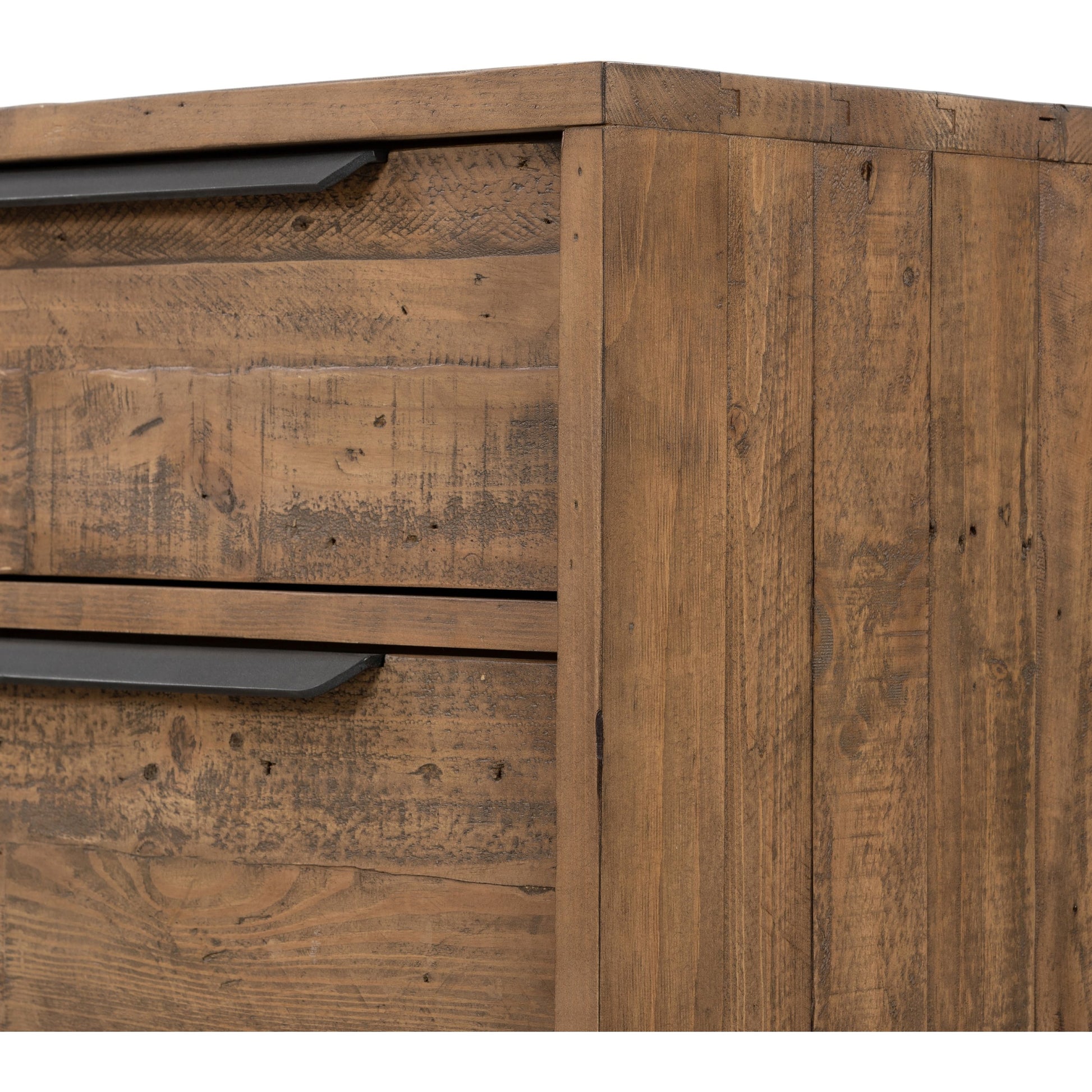 Wyeth 6 Drawer Dresser by Four Hands in dark carbon, antique brass and dark carbon. Made from solid reclaimed pine, iron in a rustic style.