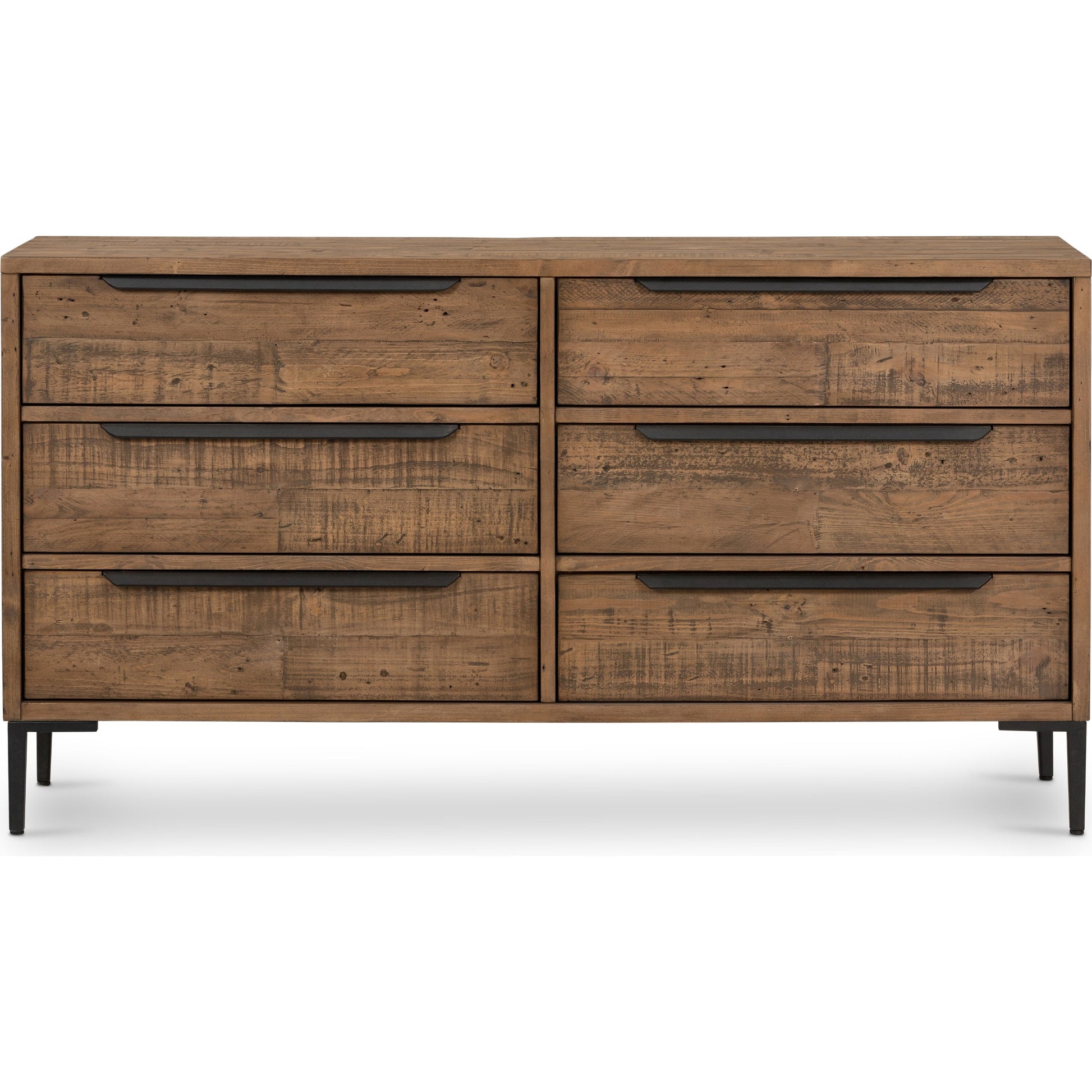 Wyeth 6 Drawer Dresser by Four Hands in dark carbon, antique brass and dark carbon. Made from solid reclaimed pine, iron in a rustic style.