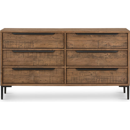 Wyeth 6 Drawer Dresser by Four Hands in dark carbon, antique brass and dark carbon. Made from solid reclaimed pine, iron in a rustic style.