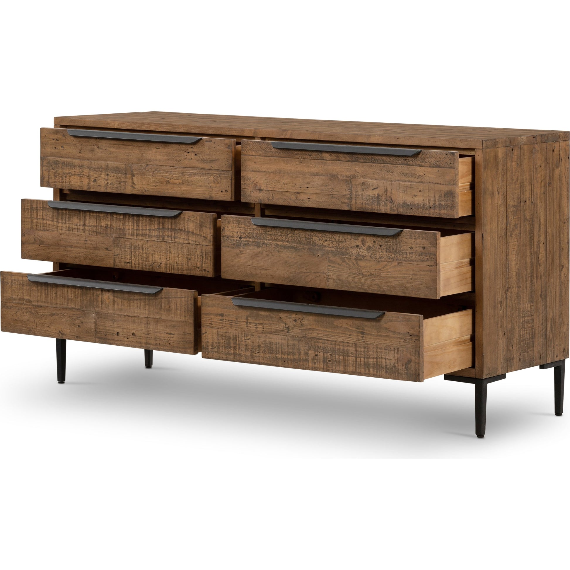 Wyeth 6 Drawer Dresser by Four Hands in dark carbon, antique brass and dark carbon. Made from solid reclaimed pine, iron in a rustic style.