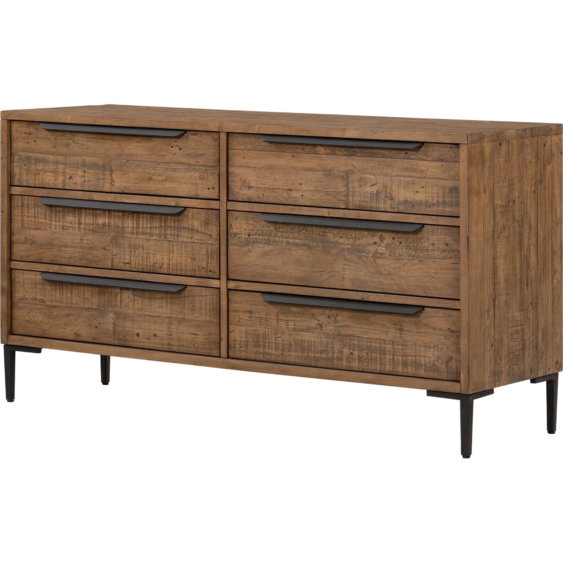 Wyeth 6 Drawer Dresser by Four Hands in dark carbon, antique brass and dark carbon. Made from solid reclaimed pine, iron in a rustic style.