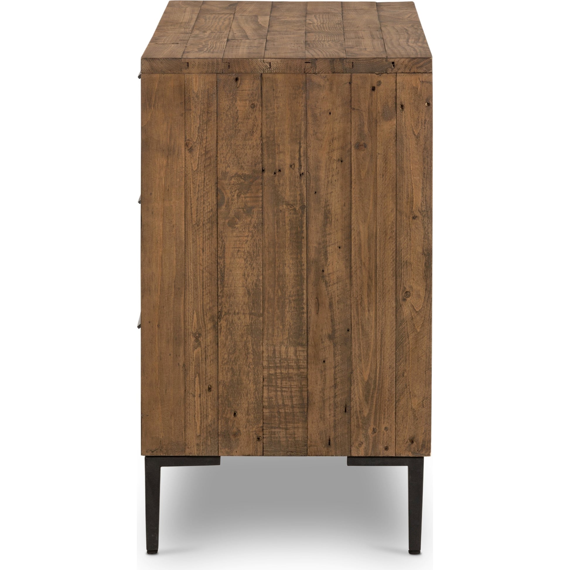 Wyeth 6 Drawer Dresser by Four Hands in dark carbon, antique brass and dark carbon. Made from solid reclaimed pine, iron in a rustic style.