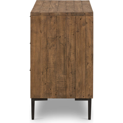 Wyeth 6 Drawer Dresser by Four Hands in dark carbon, antique brass and dark carbon. Made from solid reclaimed pine, iron in a rustic style.