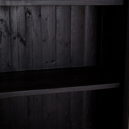 Wyeth Cabinet by Four Hands in dark carbon, tempered glass, antique brass and dark carbon. Made from solid reclaimed pine, iron in a modern style.