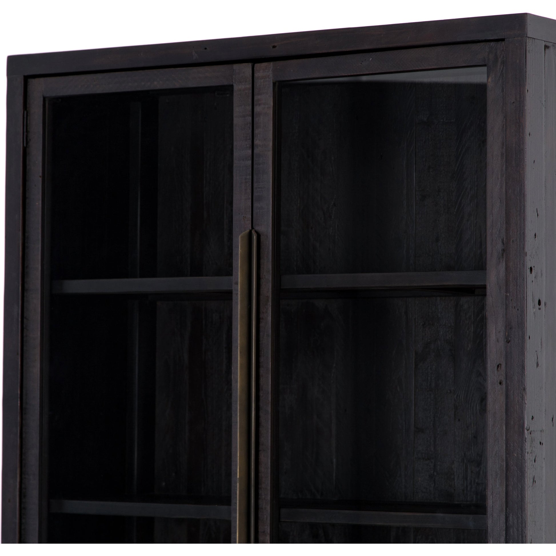 Wyeth Cabinet by Four Hands in dark carbon, tempered glass, antique brass and dark carbon. Made from solid reclaimed pine, iron in a modern style.