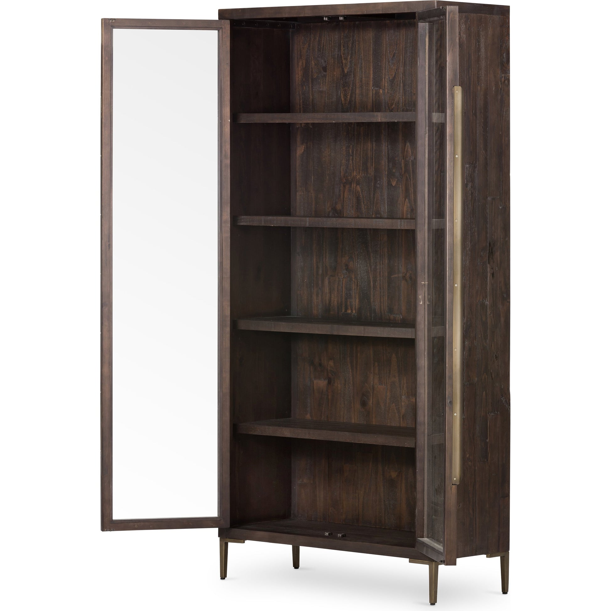 Wyeth Cabinet by Four Hands in dark carbon, tempered glass, antique brass and dark carbon. Made from solid reclaimed pine, iron in a modern style.