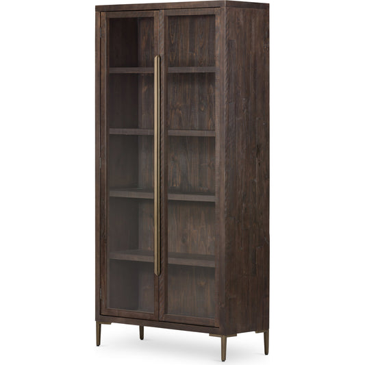 Wyeth Cabinet by Four Hands in dark carbon, tempered glass, antique brass and dark carbon. Made from solid reclaimed pine, iron in a modern style.