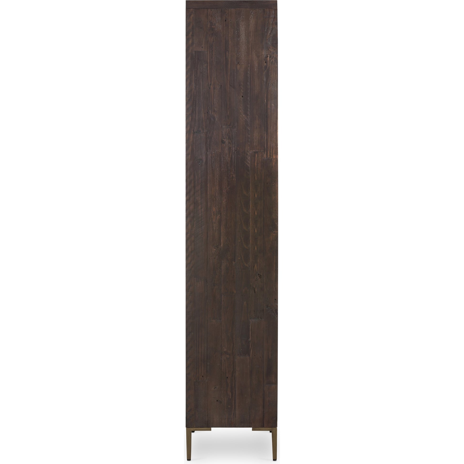 Wyeth Cabinet by Four Hands in dark carbon, tempered glass, antique brass and dark carbon. Made from solid reclaimed pine, iron in a modern style.