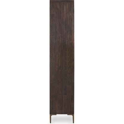 Wyeth Cabinet by Four Hands in dark carbon, tempered glass, antique brass and dark carbon. Made from solid reclaimed pine, iron in a modern style.