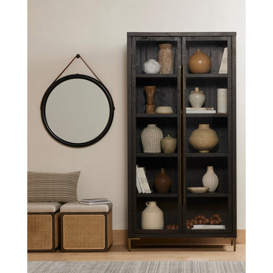 Wyeth Cabinet by Four Hands in dark carbon, tempered glass, antique brass and dark carbon. Made from solid reclaimed pine, iron in a modern style.